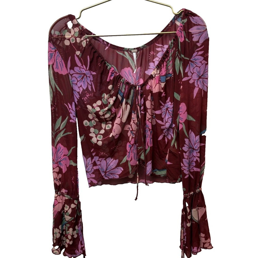 NWT Free People Mesh Red Floral Surfer Girl‎ Hawaiian Sheer Top Size XS $78